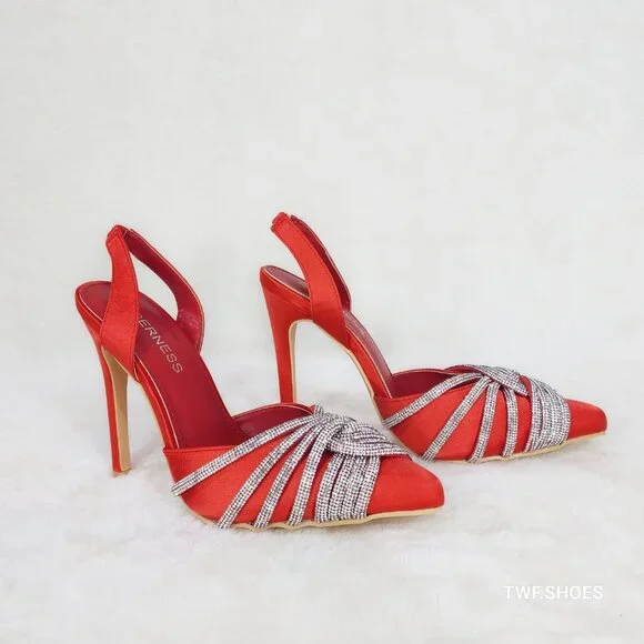 Elegance Slip on Slingback Red Satin Rhinestone Pointy Toe High Heels Shoes - Picture 3 of 12